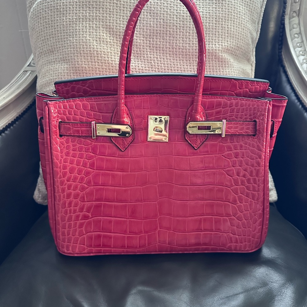 Croc-Embossed Satchel Handbag in Fuchsia Pink 30